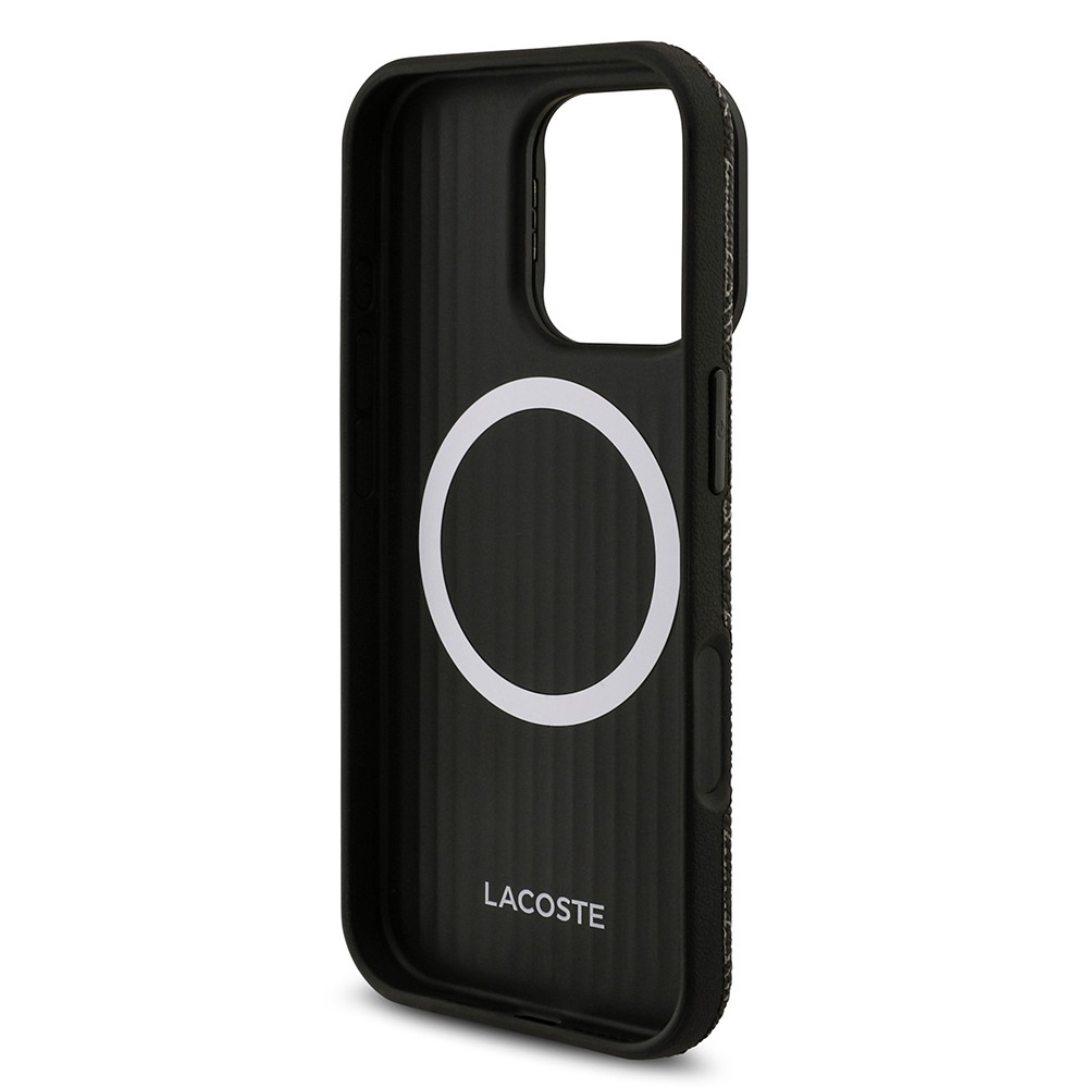 Apple iPhone 16 Pro Max Kılıf Lacoste Orjinal Lisanslı M-safe Şarj Özellikli Standlı PU Deri Karışık Monogram Desenli Kapak