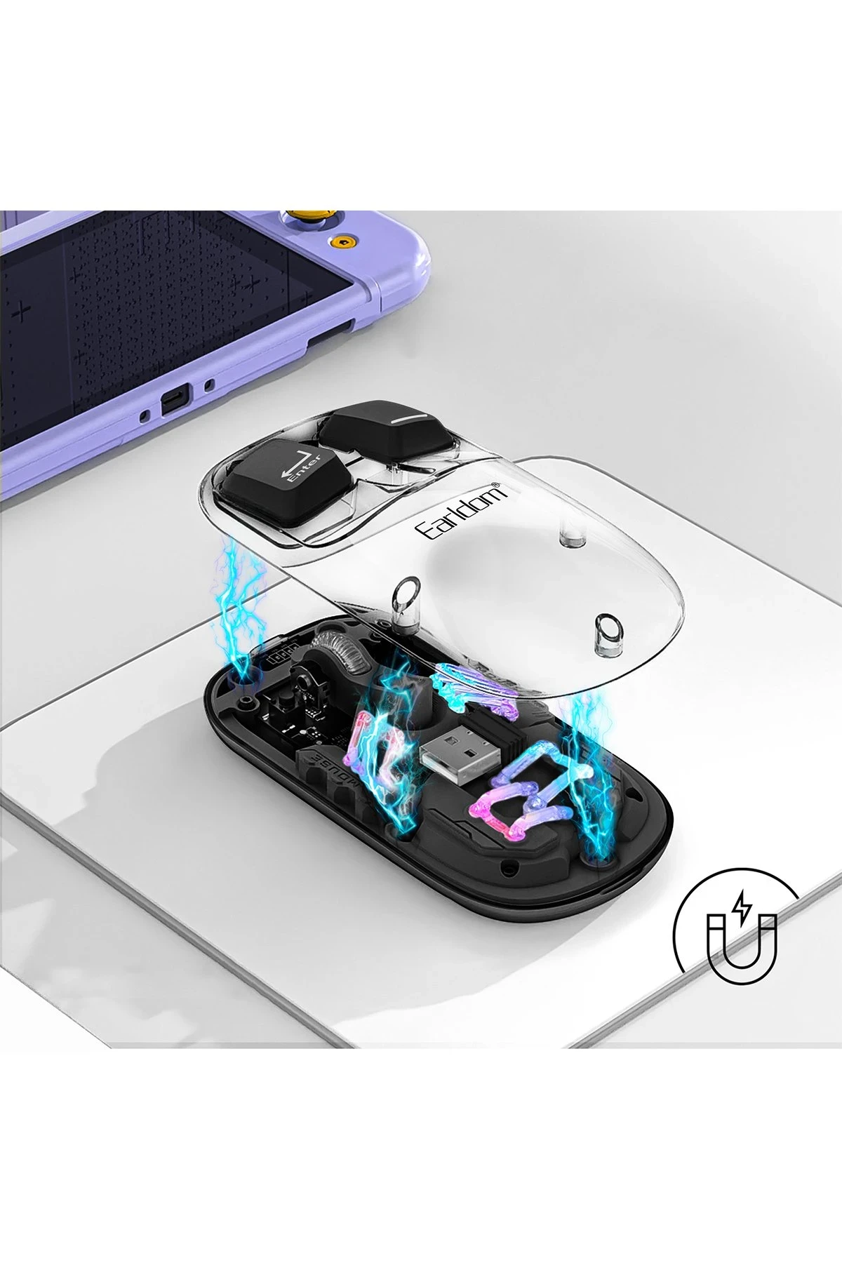 Earldom KM16 1600 DPI Sessiz Transparan Yapılı RGB Kablosuz Ofis Mouse