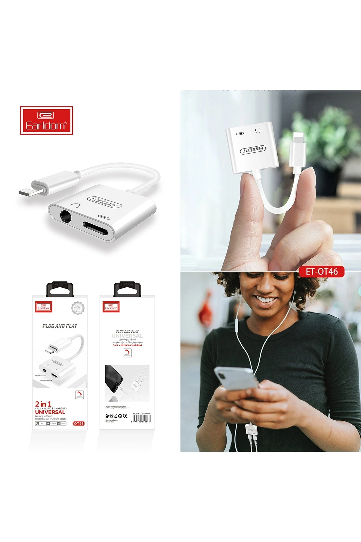 Earldom OT46 Tak Çalıştır Lightning to 2in1 Type-C ve Aux Dönüştürücü