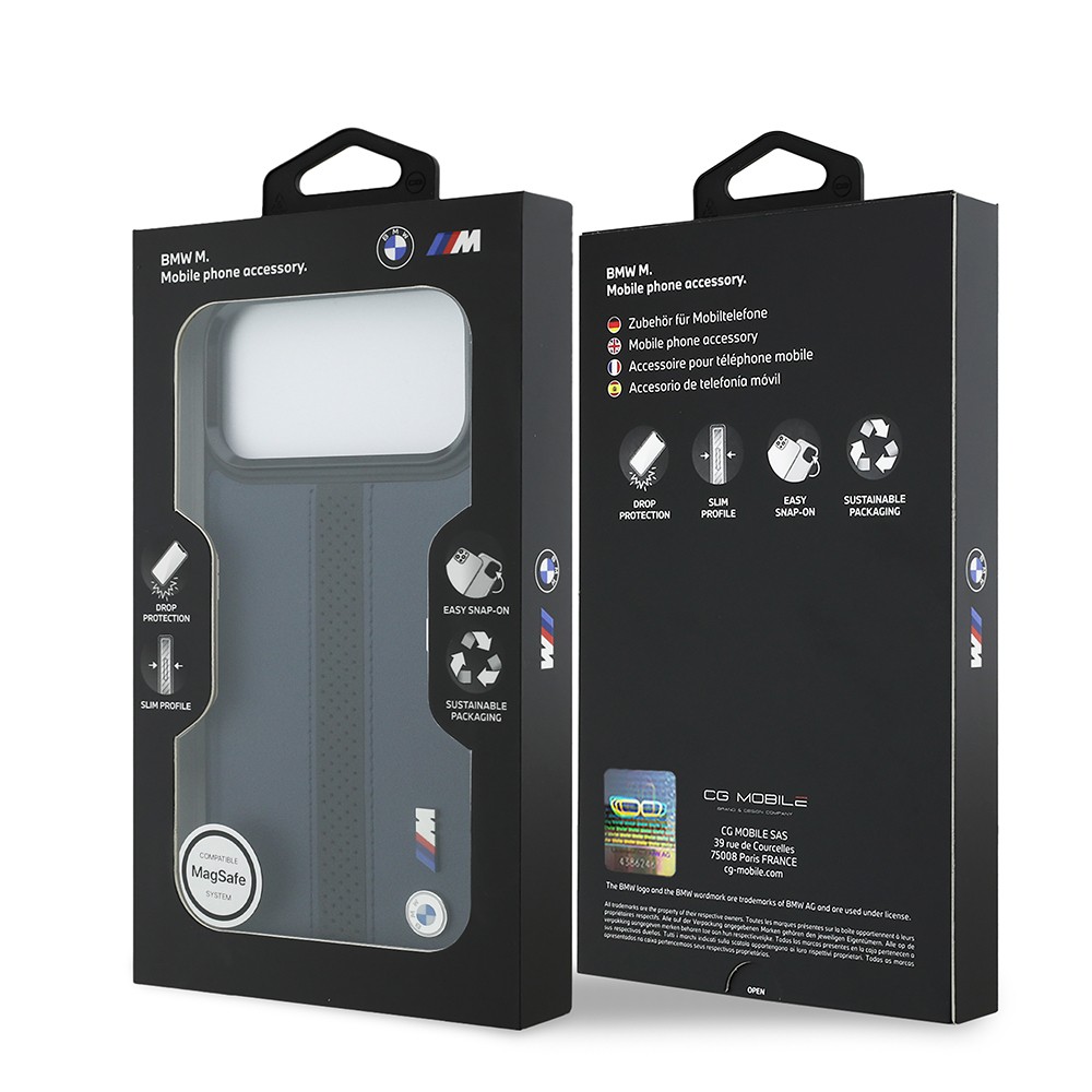 Apple iPhone 17 Pro Max Kılıf BMW Orjinal Lisanslı M-safe Şarj Özellikli Deri Arka Yüzey Metal Logolu Delikli Şerit Tasarımlı Kapak