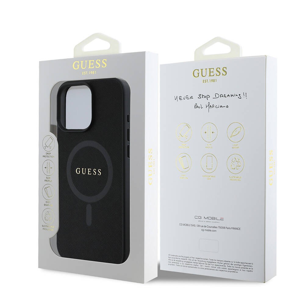Apple iPhone 16 Pro Kılıf Guess Orjinal Lisanslı M-safe Şarj Özellikli Yazı Logolu Saffiano Classic Kapak