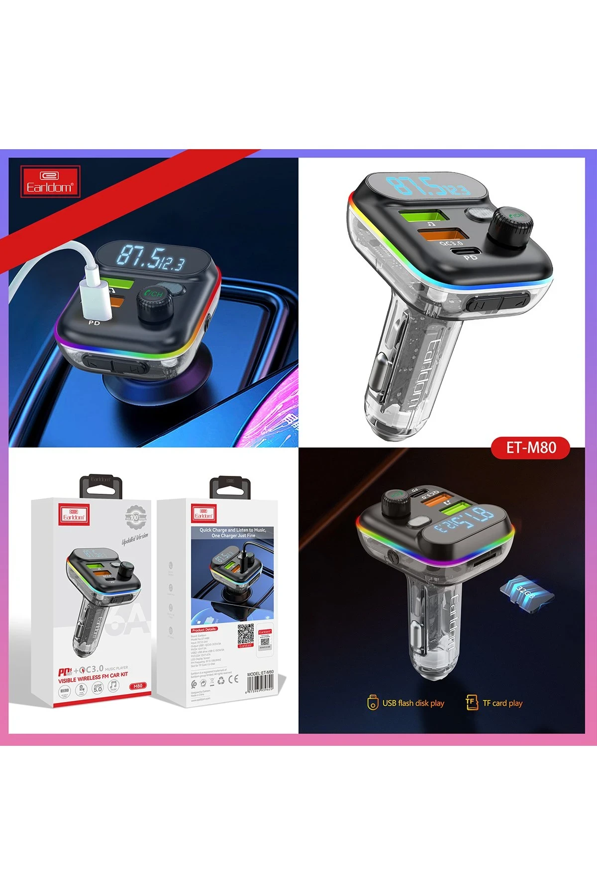 Earldom M80 Bluetooth USB3.0 ve Type C PD Hızlı Şarj FM Transmitter