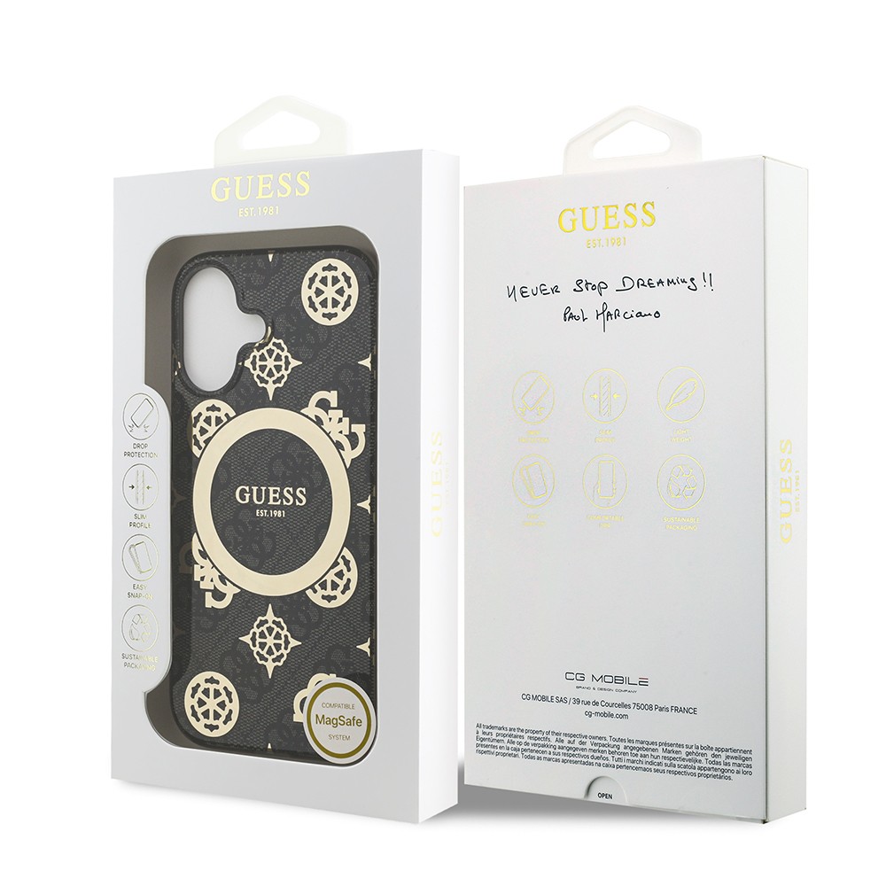 Apple iPhone 17 Kılıf Guess Orjinal Lisanslı M-safe Şarj Özellikli IML Peony ve 4G Desenli Klasik Logolu Kapak