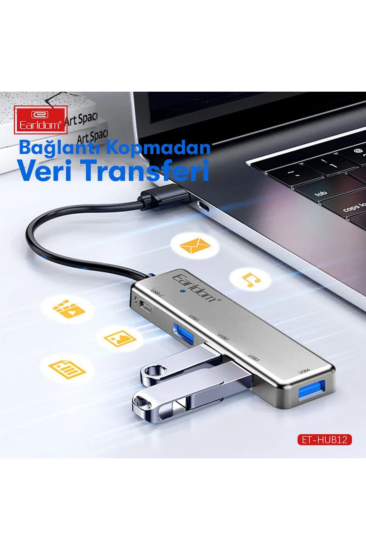 Earldom HUB12 Tak Çalıştır 40cm 4 Adet Usb 2.0 ve 1 Adet Type-C Çıkışlı Usb Çoklayıcı