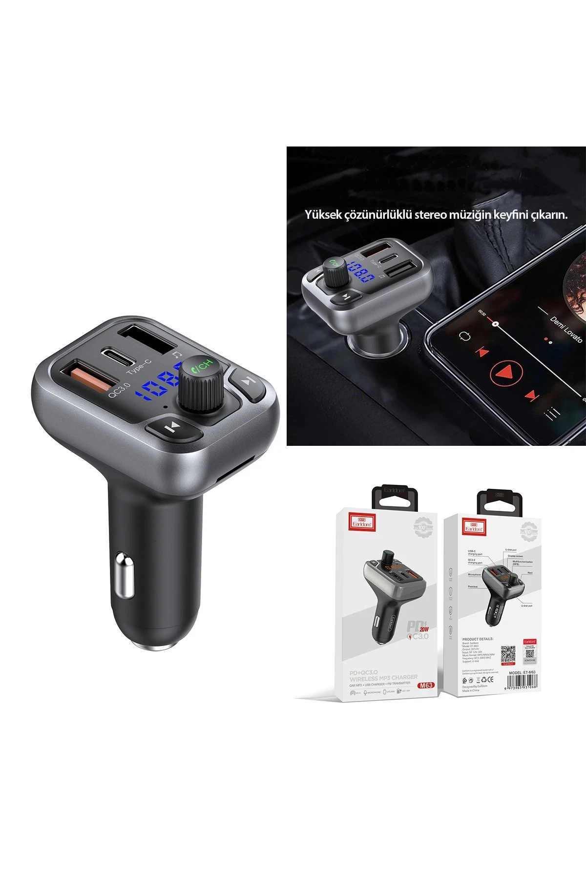 Earldom M63 Bluetooth USB3.0 ve Type C PD Hızlı Şarj FM Transmitter