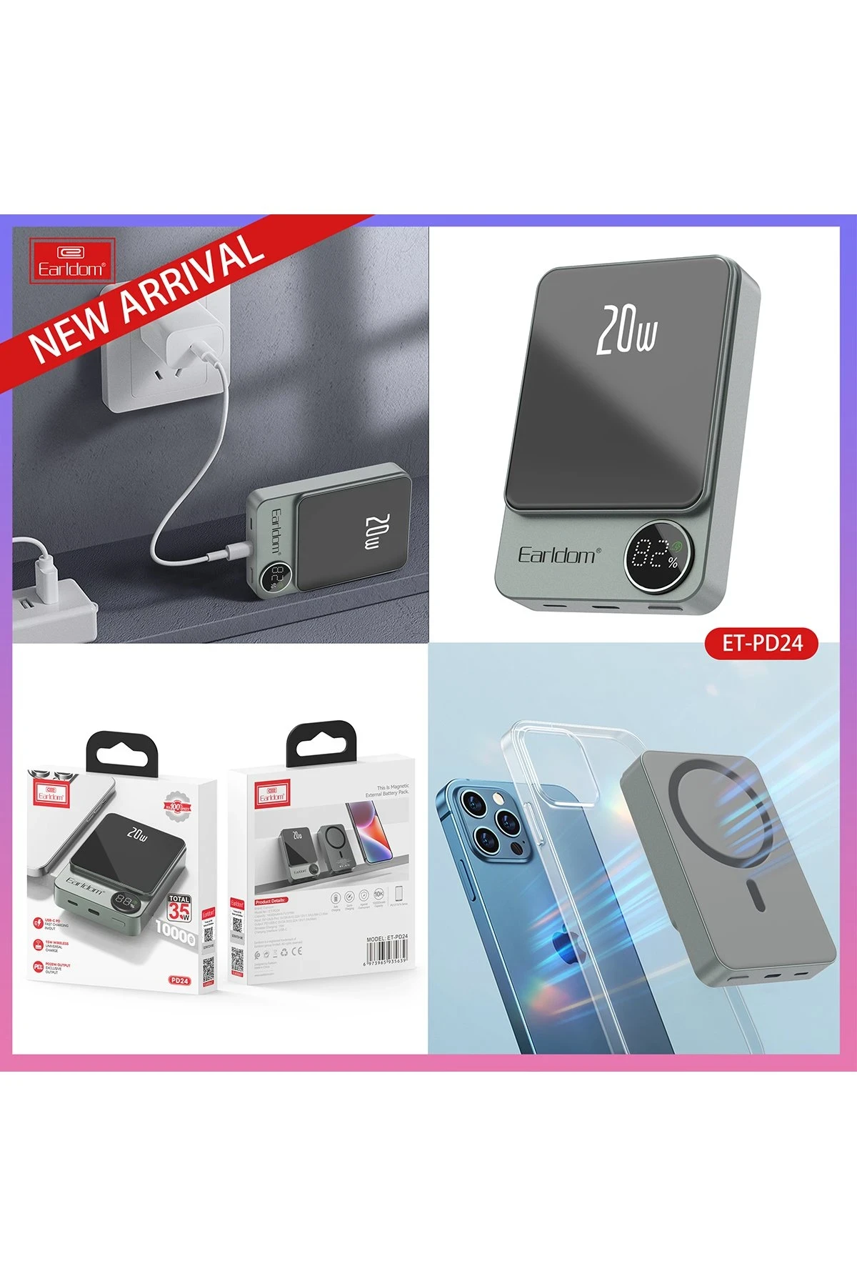 Earldom PD24 10.000 mAh 20W Kablosuz Şarjlı PD Hızlı Şarj Mini Powerbank