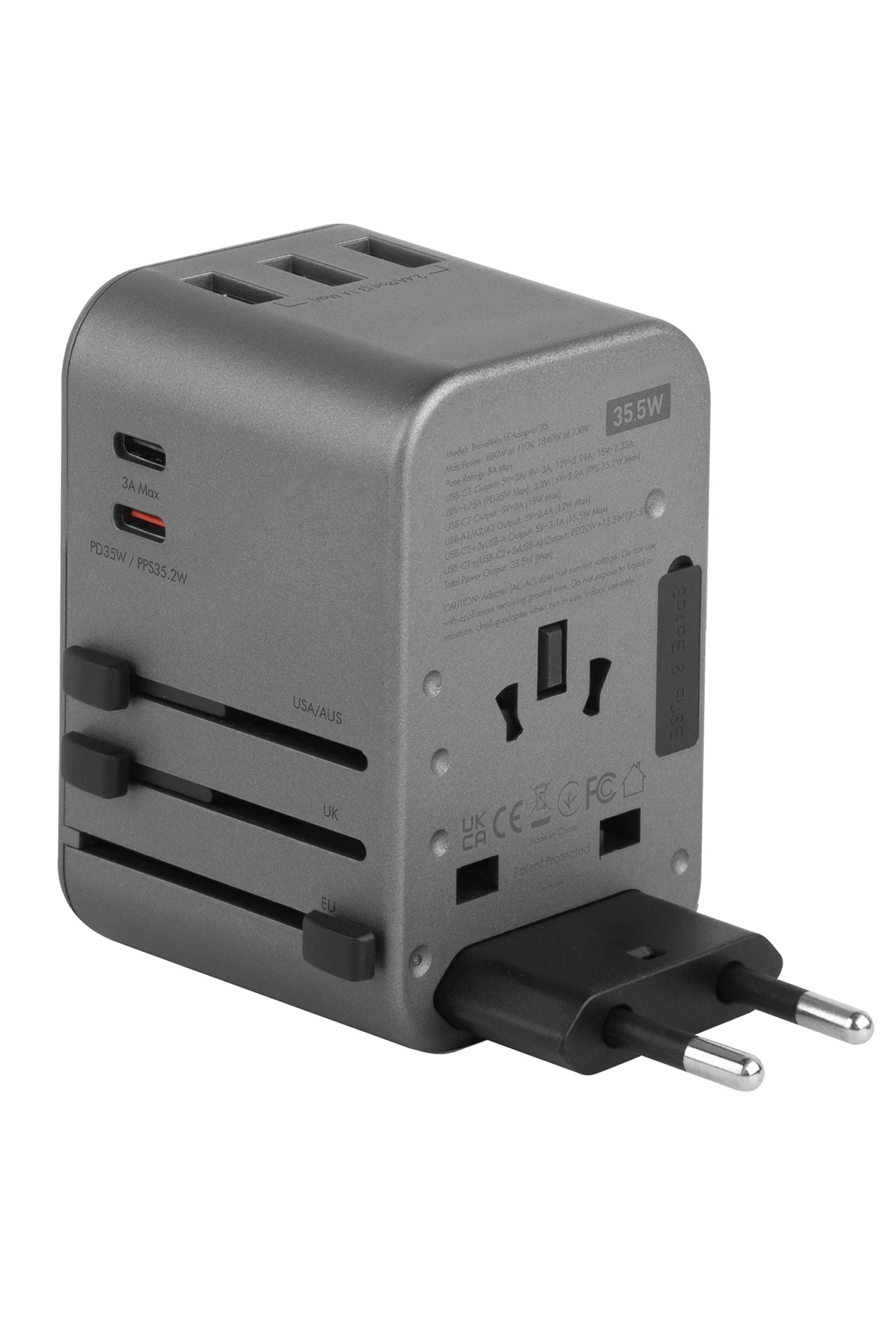 Energea TravelWorld 35 Universal 1 Adet 35W Type-C 1 Adet 15W Type-C ve 3 Adet 12W USB Çıkışlı PD Hızlı Şarj Aleti