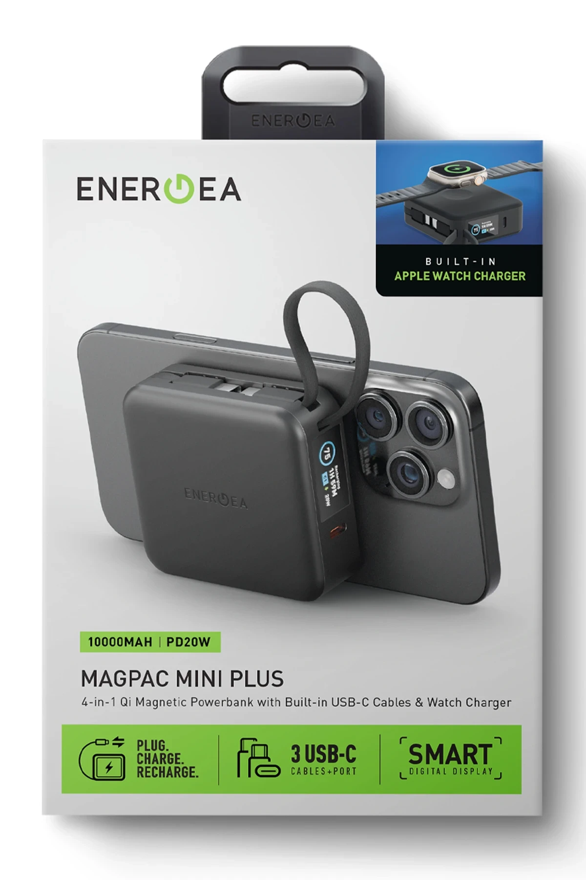 Energea MagPac Mini Plus Dijital Göstergeli 10.000 mAh 2 Adet 20W Type-C Kablolu 1 Adet 20W Type-C ve 15W Kablosuz Şarj Çıkışlı PD Hızlı Şarj Magsafe Powerbank