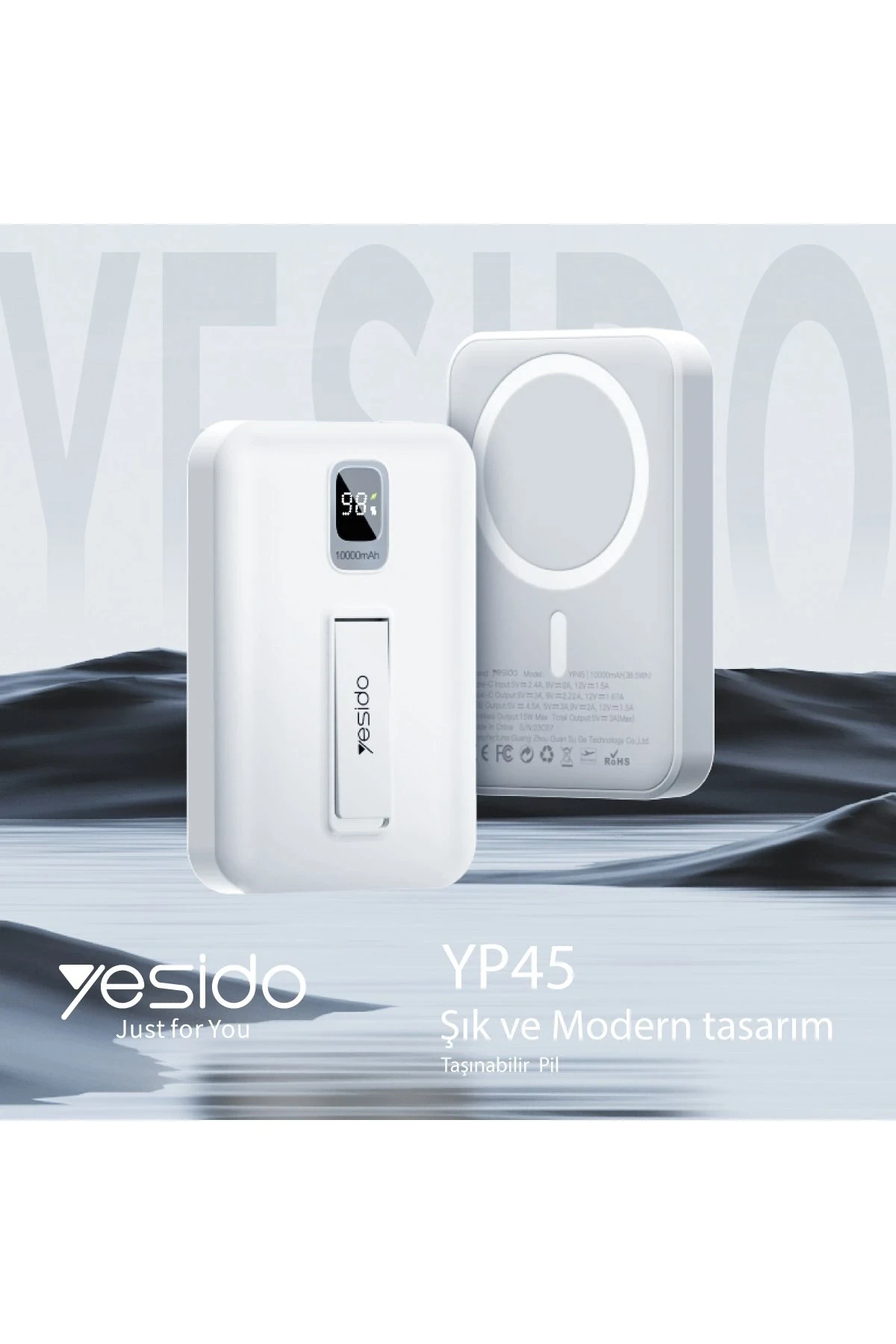 Yesido YP45 10.000 mAh 20W Dijital Göstergeli 15W Kablosuz Şarjlı Standlı Magsafe PD Hızlı Şarj Powerbank