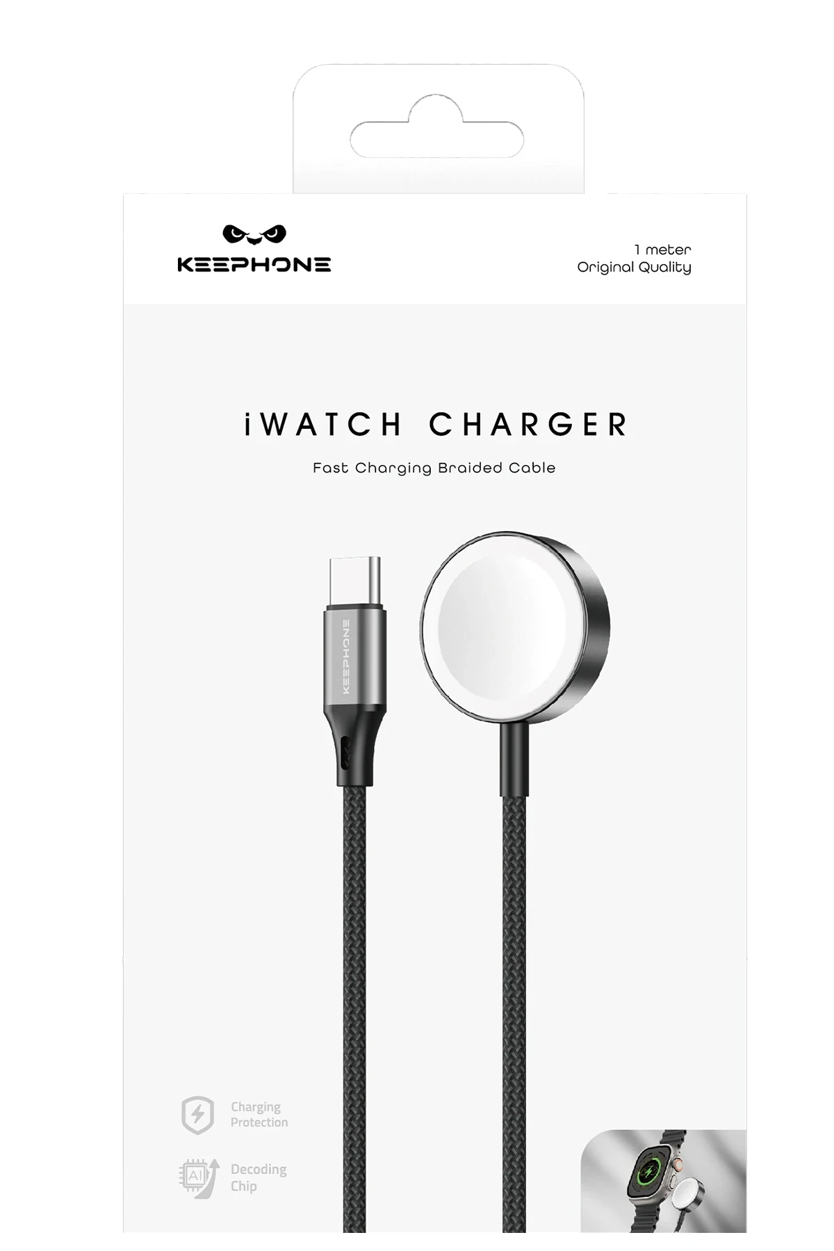 Keephone IC-016 Type-C to Kablosuz Saat Şarj Çıkışlı Örgü Hızlı Şarj Kablosu