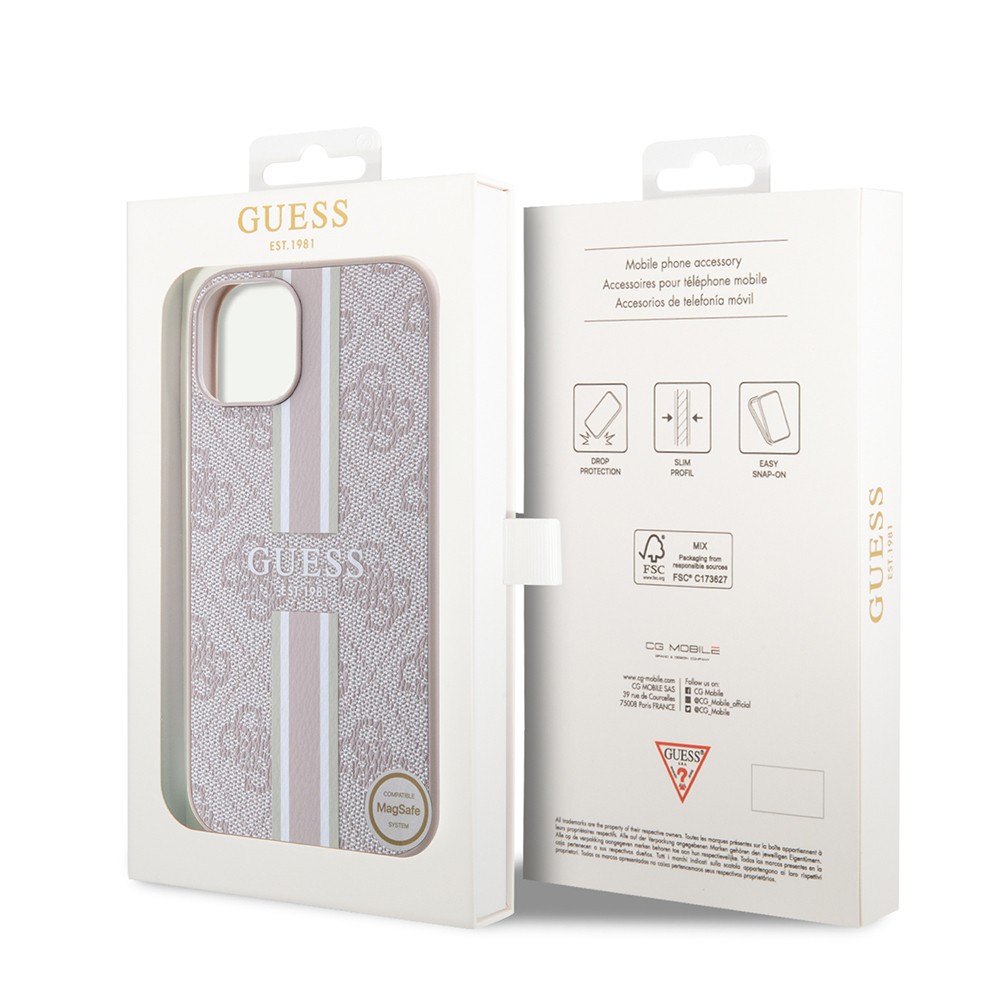 Apple iPhone 15 Kılıf Guess Orjinal Lisanslı M-safe Şarj Özellikli 4G Şerit Tasarımlı Printed Kapak