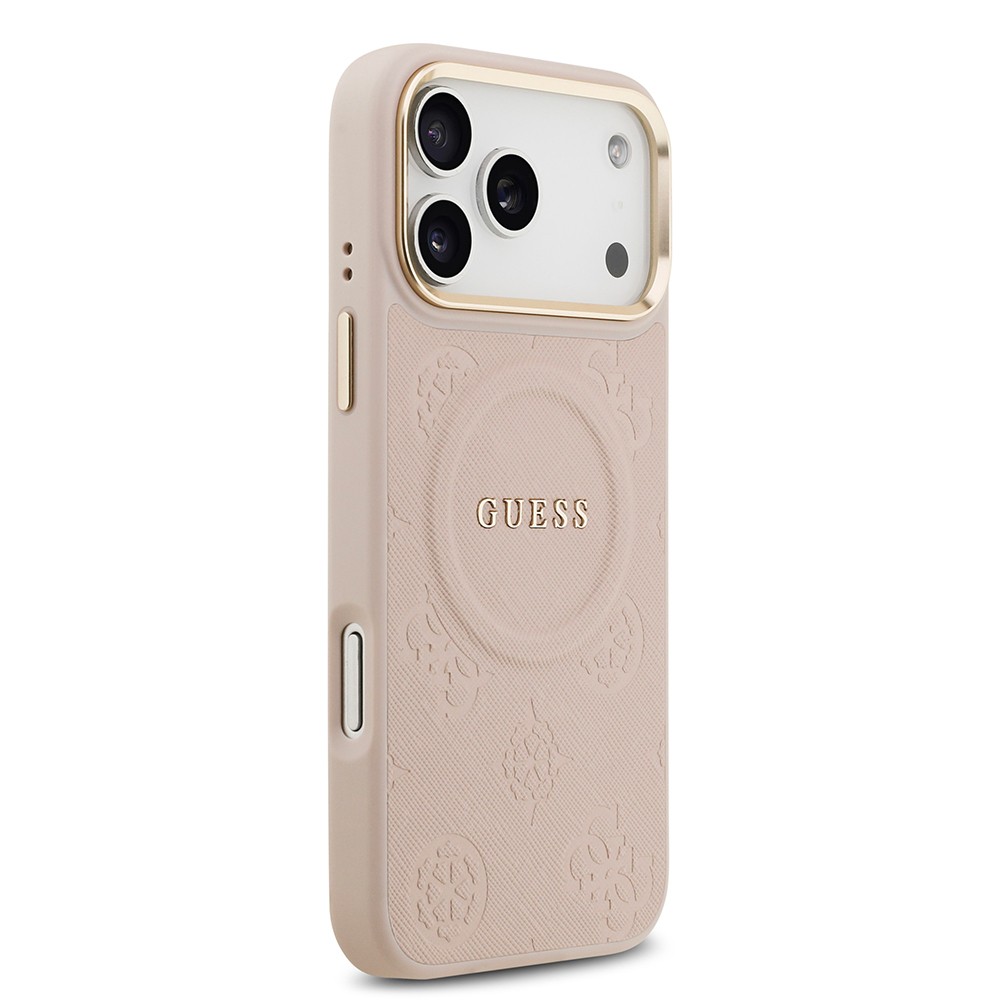 Apple iPhone 17 Pro Max Kılıf Guess Orjinal Lisanslı M-safe Şarj Özellikli Sıcak Baskılı Yazı Logolu PU Deri Peony Kapak