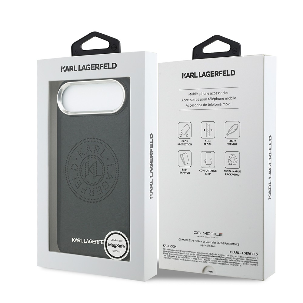 Apple iPhone 17 Air Kılıf Karl Lagerfeld Orjinal Lisanslı M-safe Şarj Özellikli Delikli Tasarım Metal Logolu PU Deri Kapak