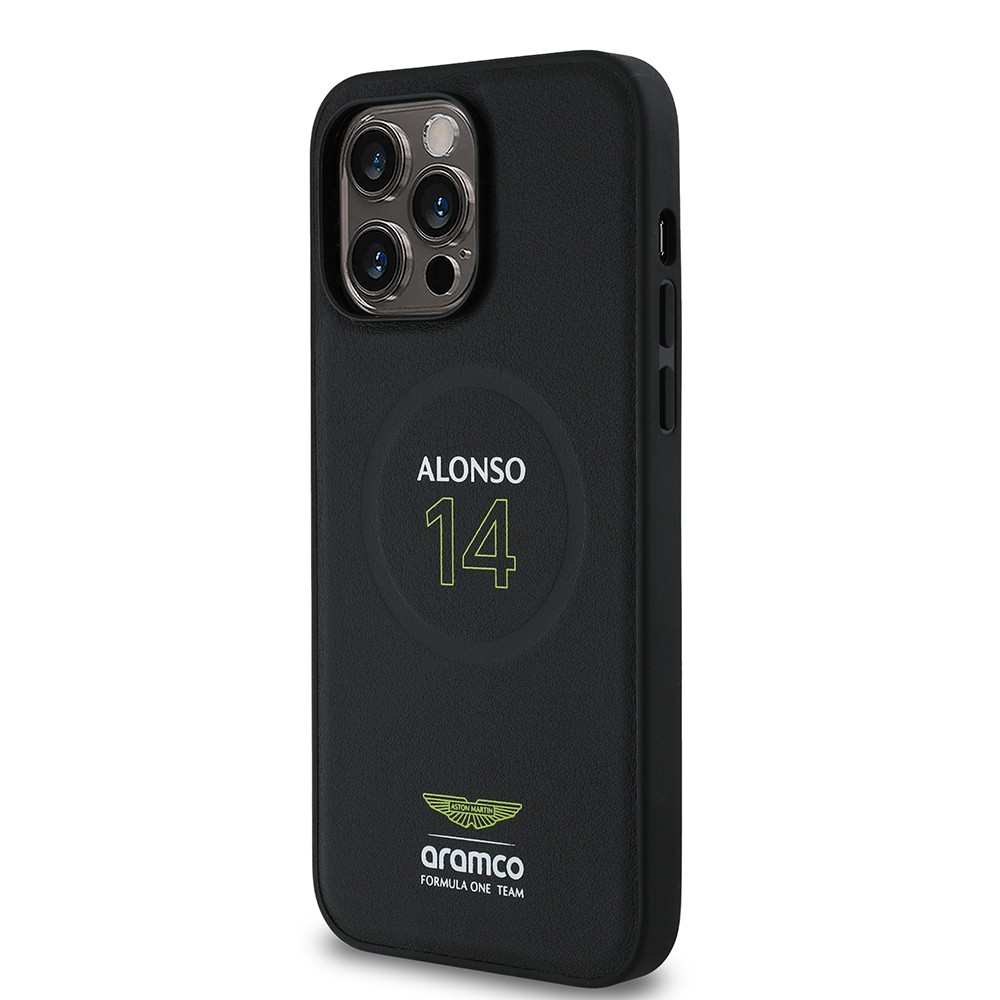 Apple iPhone 14 Pro Max Kılıf Aston Martin Orjinal Lisanslı M-safe Şarj Özellikli PU Deri Alonso 14 Baskılı Kapak