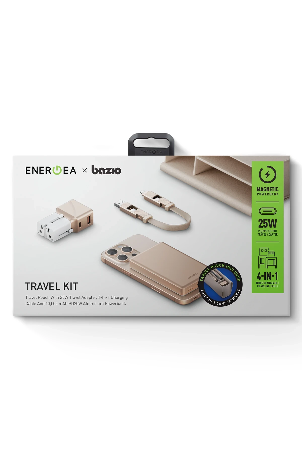 Energea X Bazic Travel Kit Universal TravelWorld 25W Adaptör AluPac 10.000 mAh Powerbank ve AluCable 15 CM 60W USB to Lightning Kablolu Set Travel Çanta
