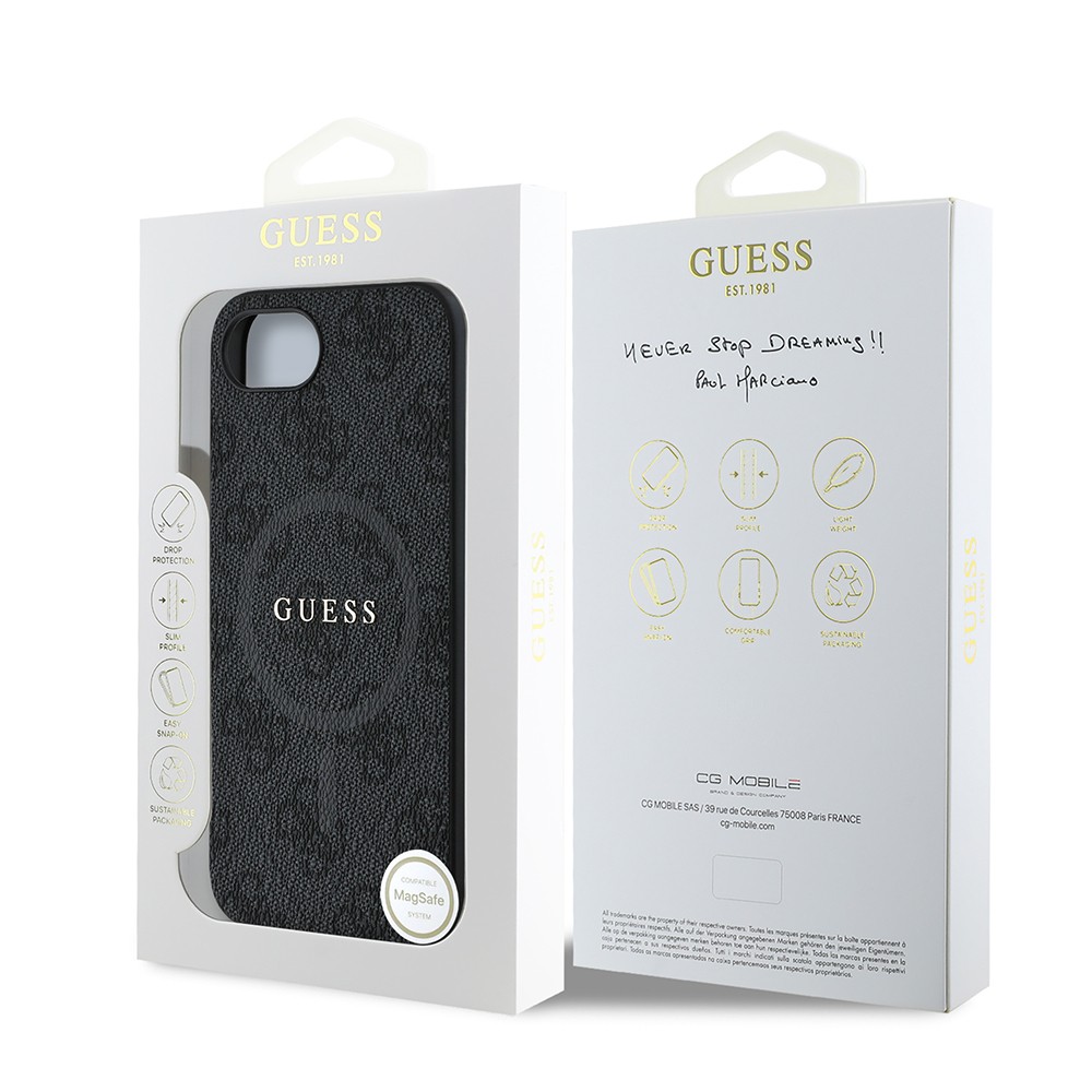 Apple iPhone 16E Kılıf Guess Orjinal Lisanslı M-safe Şarj Özellikli PU Halkalı 4G Desenli Yazı Logolu Kapak