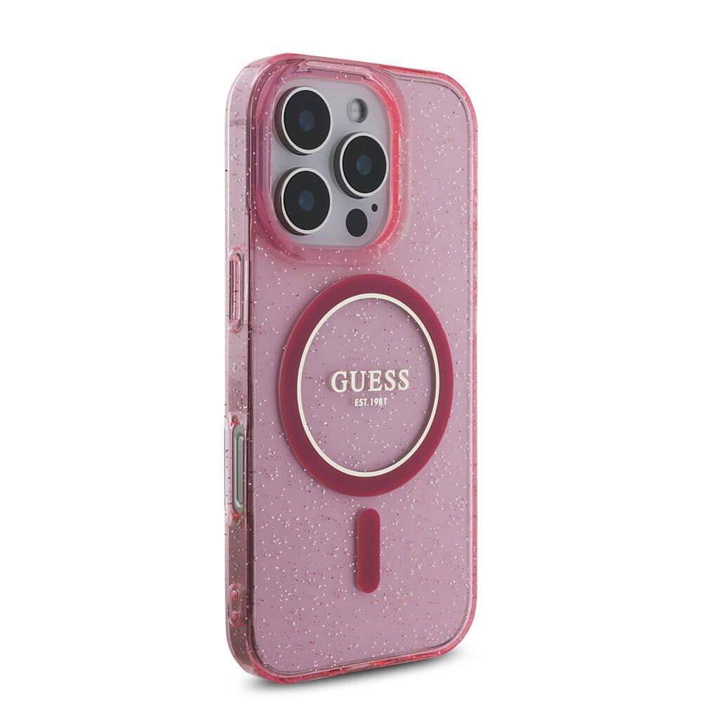 Apple iPhone 16 Pro Kılıf Guess Orjinal Lisanslı M-safe Şarj Özellikli Simli Silikon İnci Bileklikli Kapak