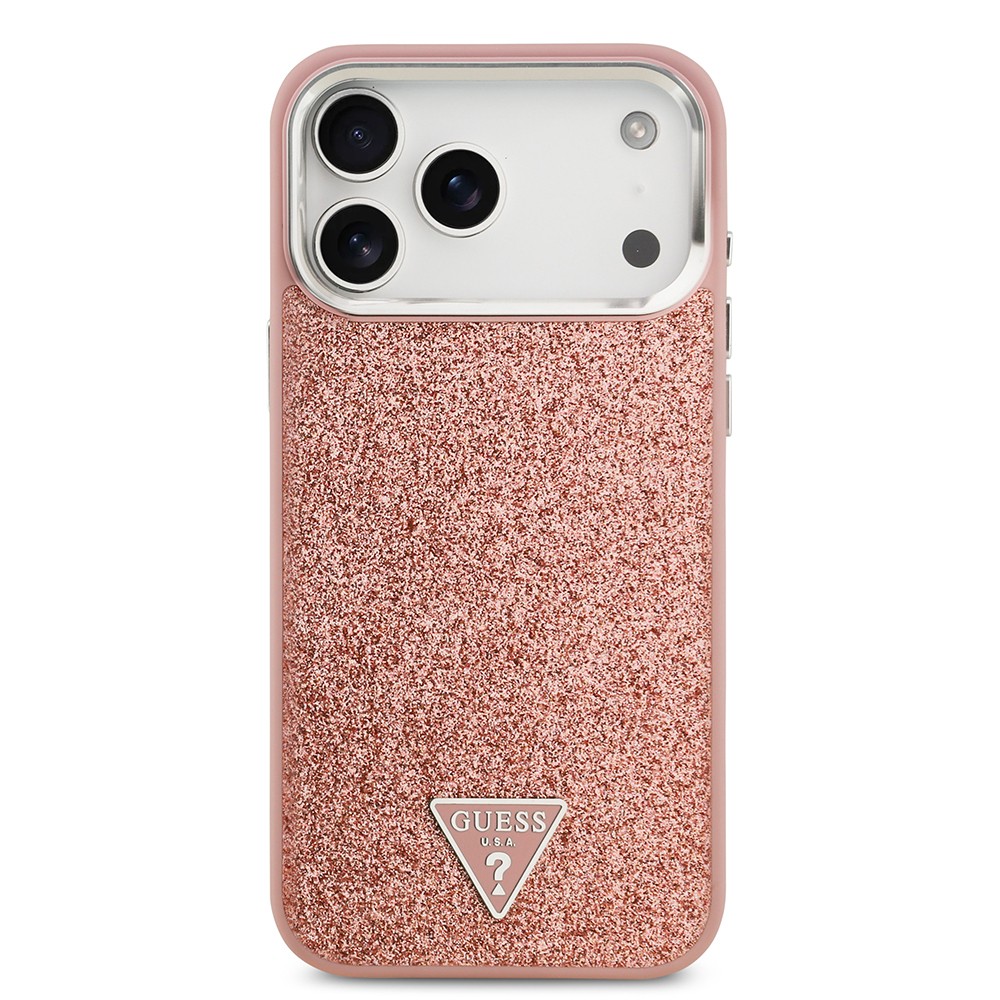 Apple iPhone 17 Pro Max Kılıf Guess Orjinal Lisanslı M-safe Şarj Özellikli Metal Kamera Çerçeveli Üçgen Logolu Glitter Kapak