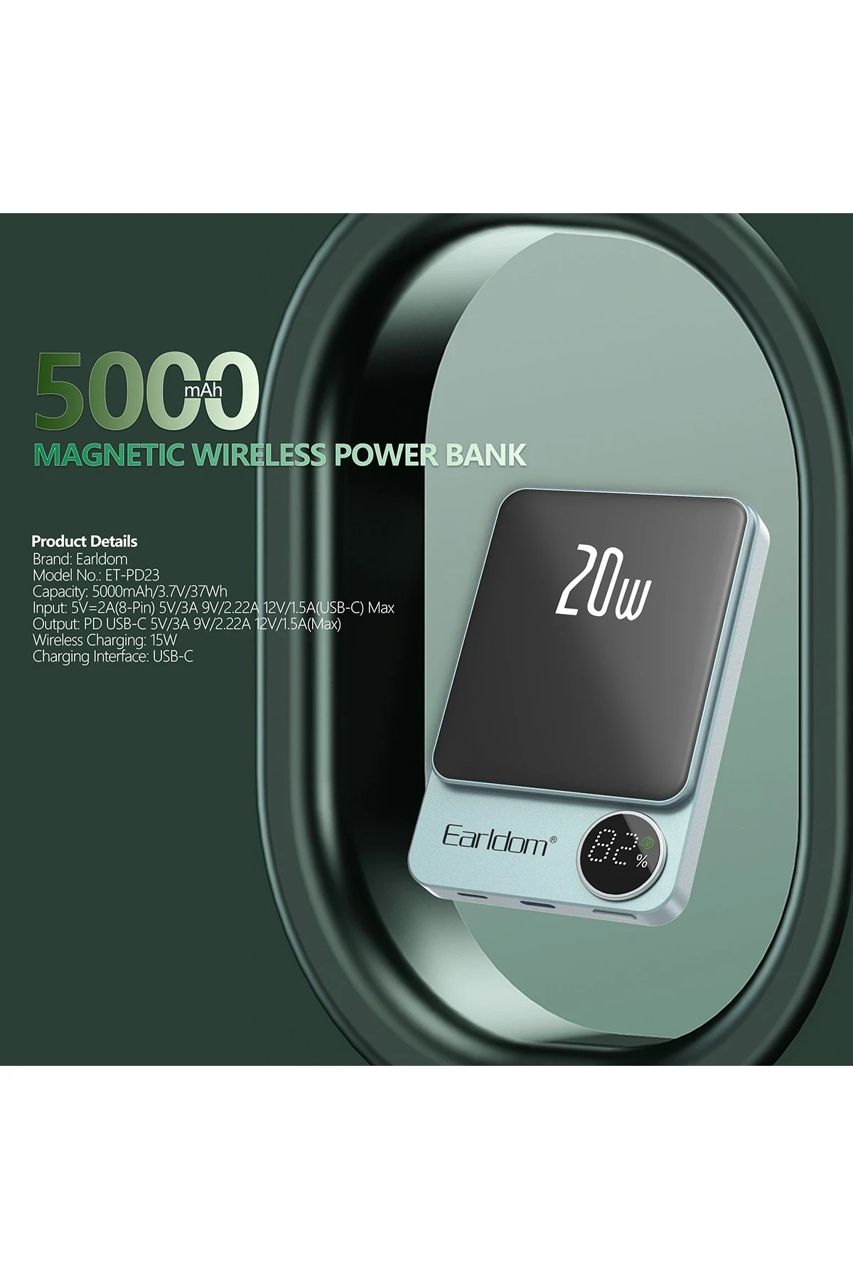 Earldom PD23 5.000 mAh 20W Kablosuz Şarjlı PD Hızlı Şarj Mini Powerbank