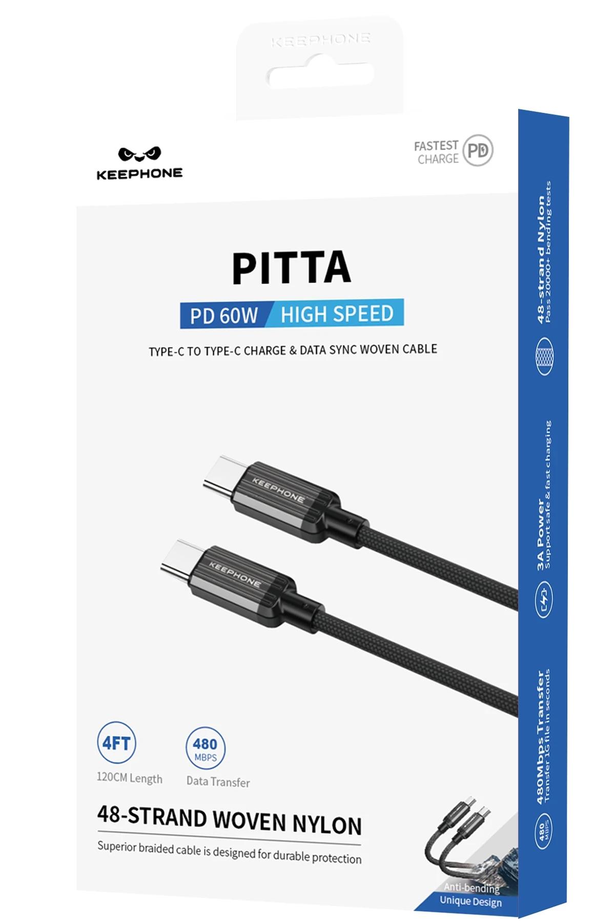 Keephone Pitta 1.2M 27W Örgülü Type-C to Lightning PD Hızlı Şarj Data Kablosu
