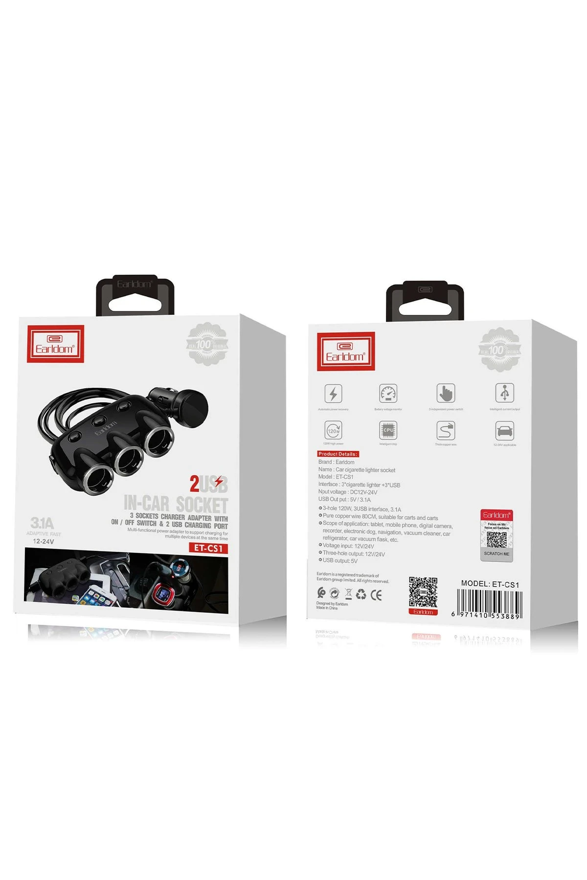 Earldom CS1 120W Dijital Voltaj Göstergeli 3 Adet Çakmaklık ve 2 Adet USB Çıkışlı PD Hızlı Araç Şarj