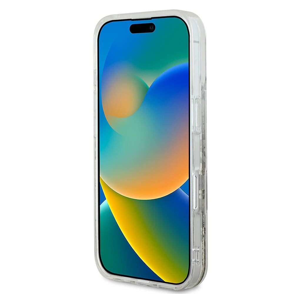 Apple iPhone 16 Kılıf Guess Orjinal Lisanslı M-safe Şarj Özellikli Sıvılı Simli Çiçek Desenli Kapak