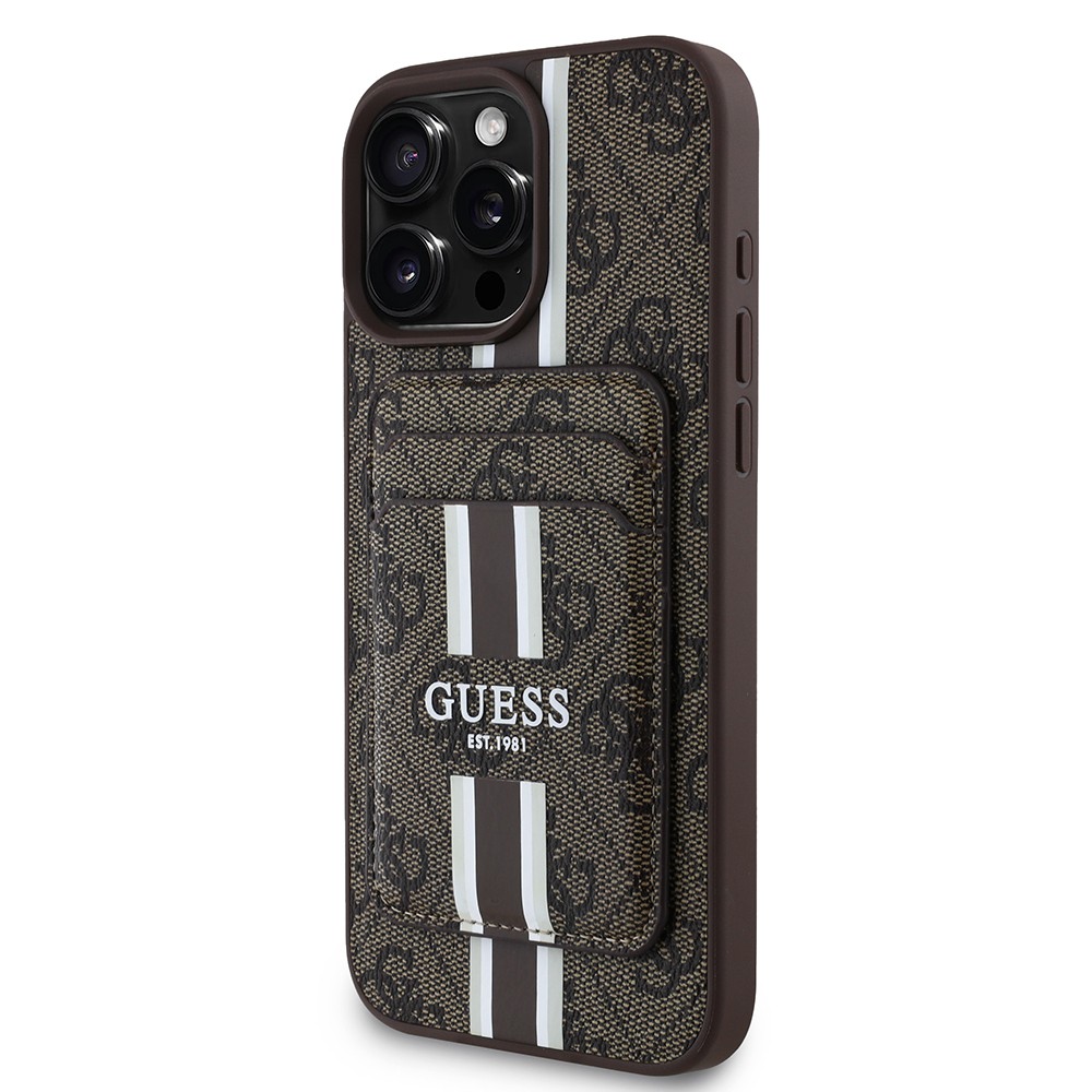 Apple iPhone 15 Pro Max Kılıf Guess Orjinal Lisanslı M-safe Şarj Özellikli 4G Desenli Çizgili Kartlıklı Kapak