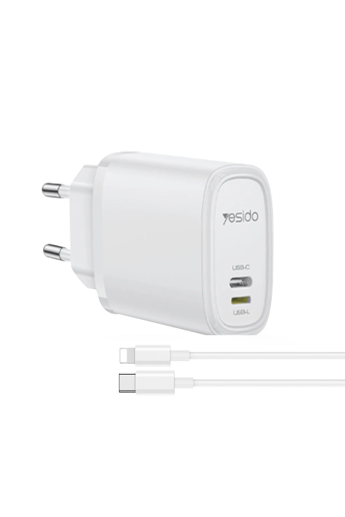 Yesido YC71 1 Adet 12W Type-C ve 1 Adet 12W Lightning Çıkışlı Ekstra 1M Type-C to Ligtning Kablolu PD Hızlı Şarj Cihazı