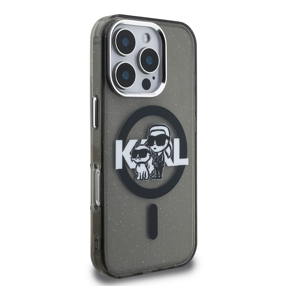 Apple iPhone 16 Pro Kılıf Karl Lagerfeld Orjinal Lisanslı Parlayan Simli Karl & Choupette Sketch Logo Kapak