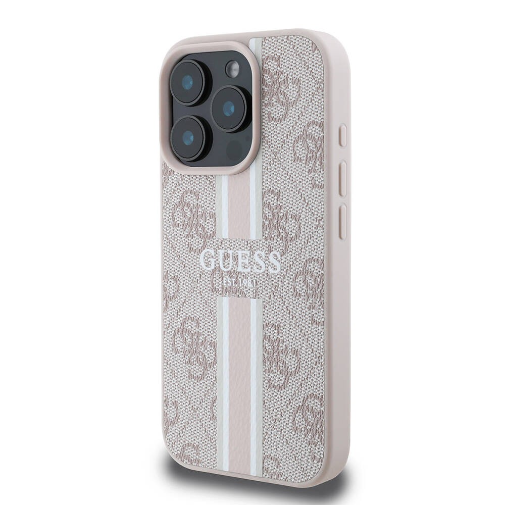 Apple iPhone 16 Pro Kılıf Guess Orjinal Lisanslı M-safe Şarj Özellikli 4G Şerit Tasarımlı Printed Kapak