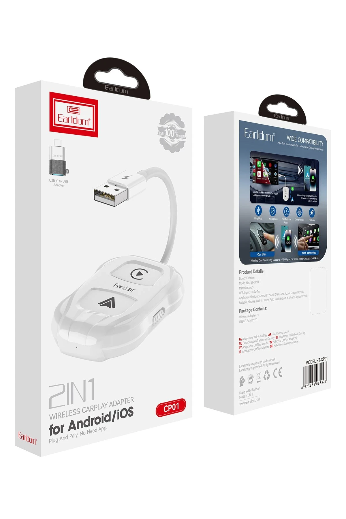 Earldom CP01 Tak Çalıştır 2in1 Type-C to USB Dönüştürücülü Kablosuz CarPlay Adaptör