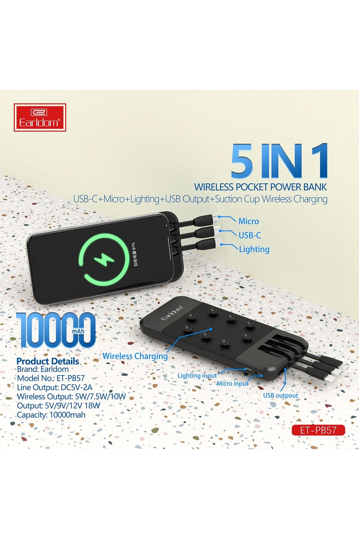 Earldom PB57 10.000 mAh 5in1 Kablosuz Şarjlı PD Hızlı Şarj Powerbank