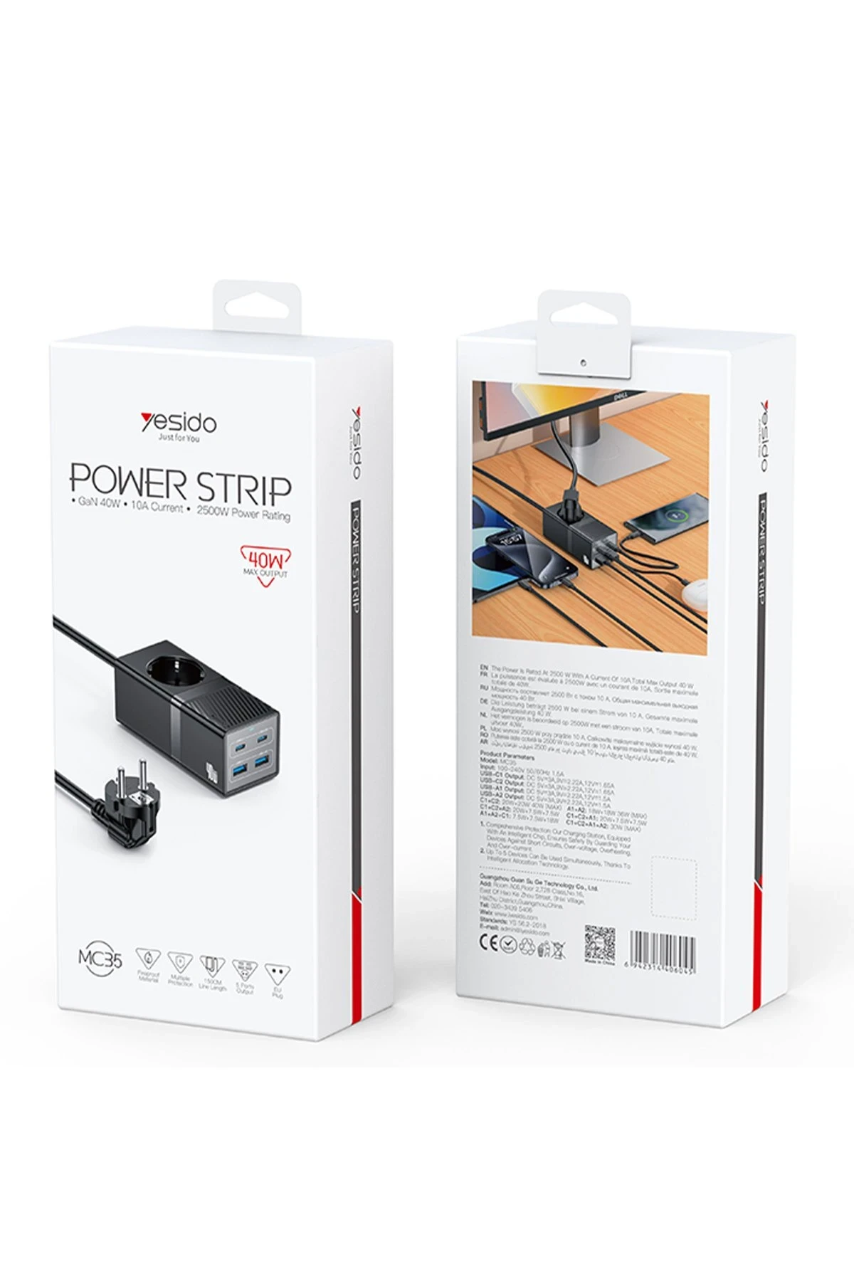 Yesido MC35 2500W 1.5M Ekstra 2 Adet 18W USB ve 2 Adet 20W Type-C Çıkışlı Priz Uzatıcı