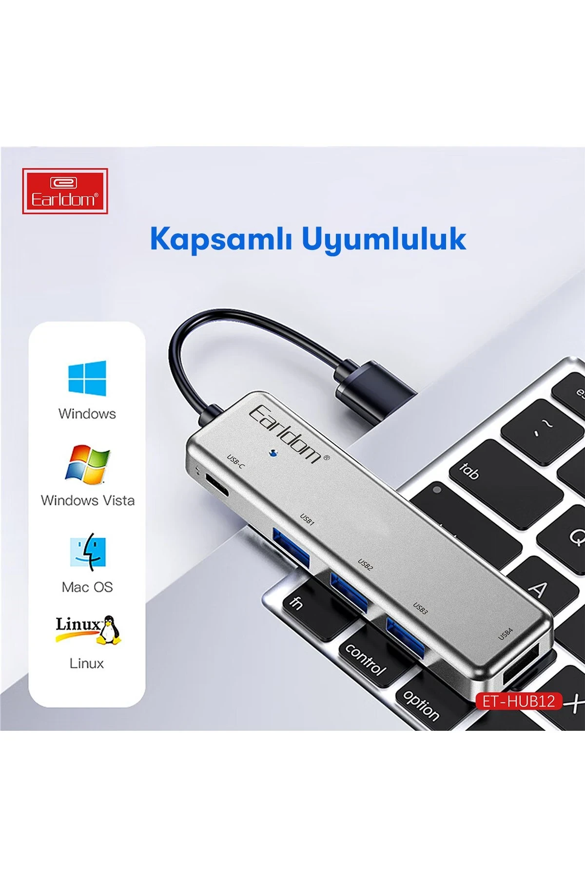 Earldom HUB12 Tak Çalıştır 40cm 4 Adet Usb 2.0 ve 1 Adet Type-C Çıkışlı Usb Çoklayıcı