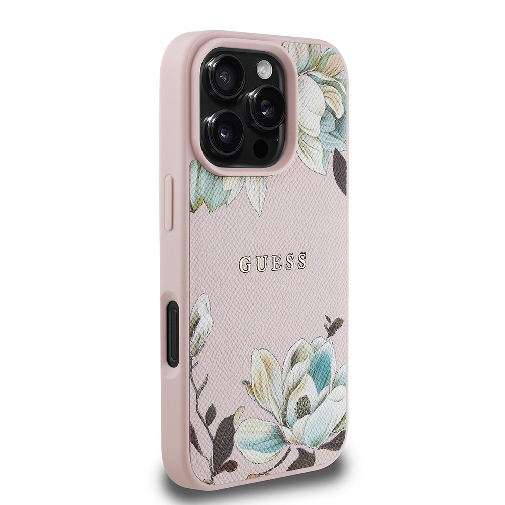 Apple iPhone 16 Pro Kılıf Guess Orjinal Lisanslı M-safe Şarj Özellikli Taneli Çiçek Tasarımlı Metal Yazı Logolu Kapak