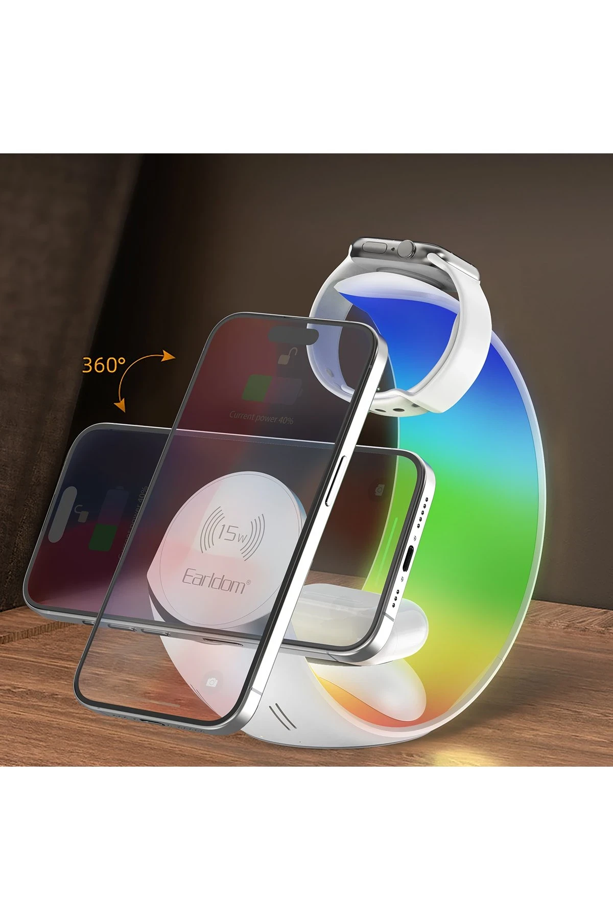 Earldom WC55 4in1 15W Telefon Saat ve Airpods İçin RGB Kablosuz Şarj Standı