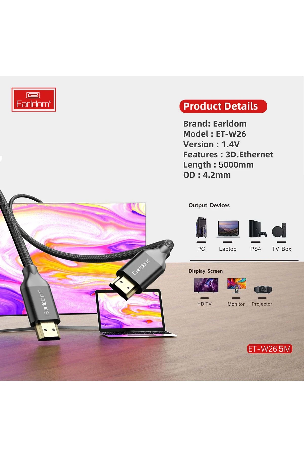 Earldom W26 5M 4K Altın Uçlu Hasır HDMI Kablo