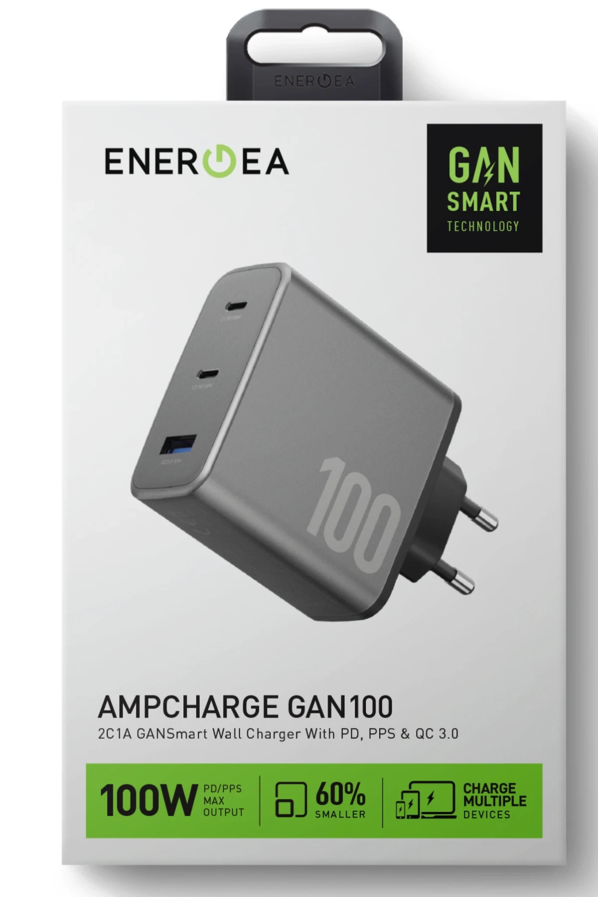 Energea AmpCharge GaN100 2 Adet 100W Type-C ve 30W USB 3.0 Çıkışlı Hızlı Şarj Aleti