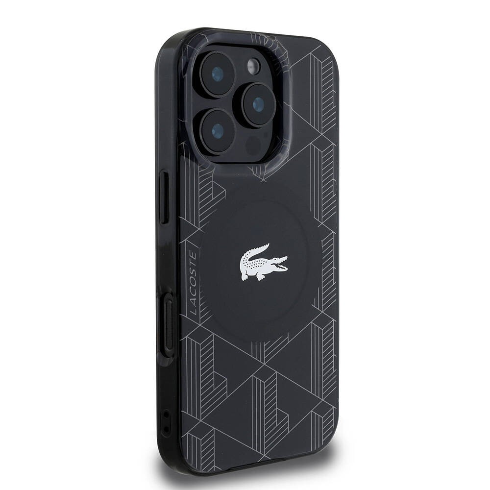 Apple iPhone 16 Pro Max Kılıf Lacoste Orjinal Lisanslı M-safe Şarj Özellikli IML Baskılı Gümüş Timsah Logolu Monogram Kapak