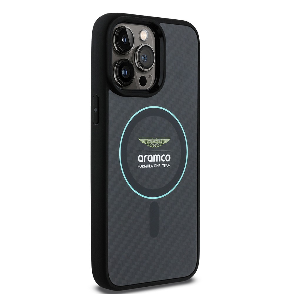 Apple iPhone 14 Pro Max Kılıf Aston Martin Orjinal Lisanslı M-safe Şarj Özellikli Renkli Halka ve Karbon Fiber Tasarımlı Kapak