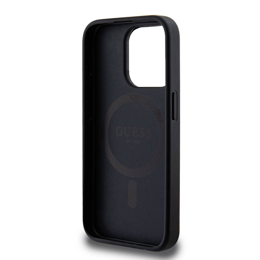Apple iPhone 15 Pro Kılıf Guess M-safe Şarj Özellikli PU Deri Desenli Metal Plaka Logolu Kapak