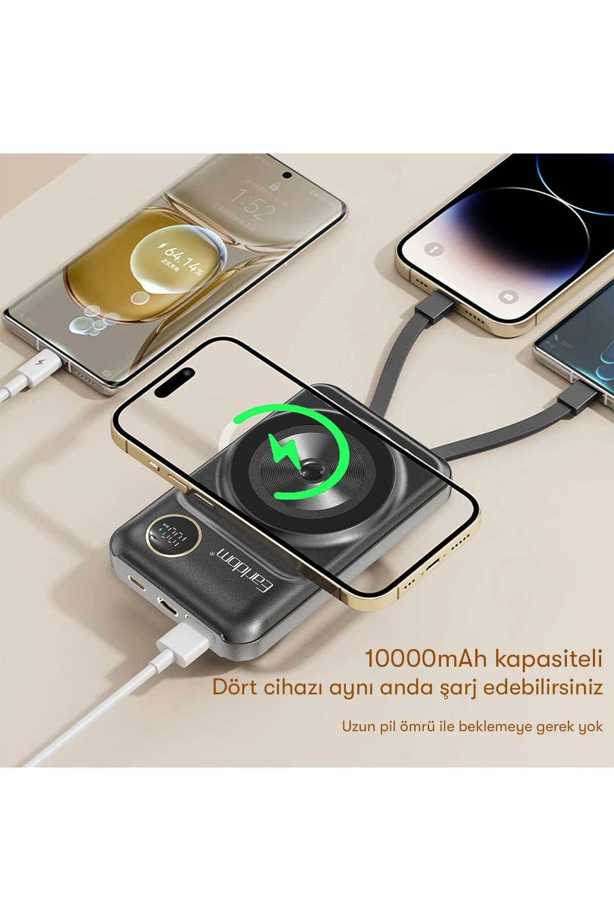 Earldom PD28 10.000 mAh 22.5W Kablosuz Şarjlı Dijital Göstergeli PD Hızlı Şarj Mini Powerbank