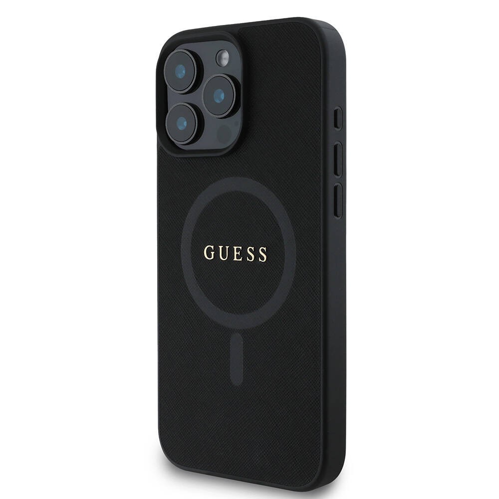 Apple iPhone 16 Pro Max Kılıf Guess Orjinal Lisanslı M-safe Şarj Özellikli Yazı Logolu Saffiano Classic Kapak
