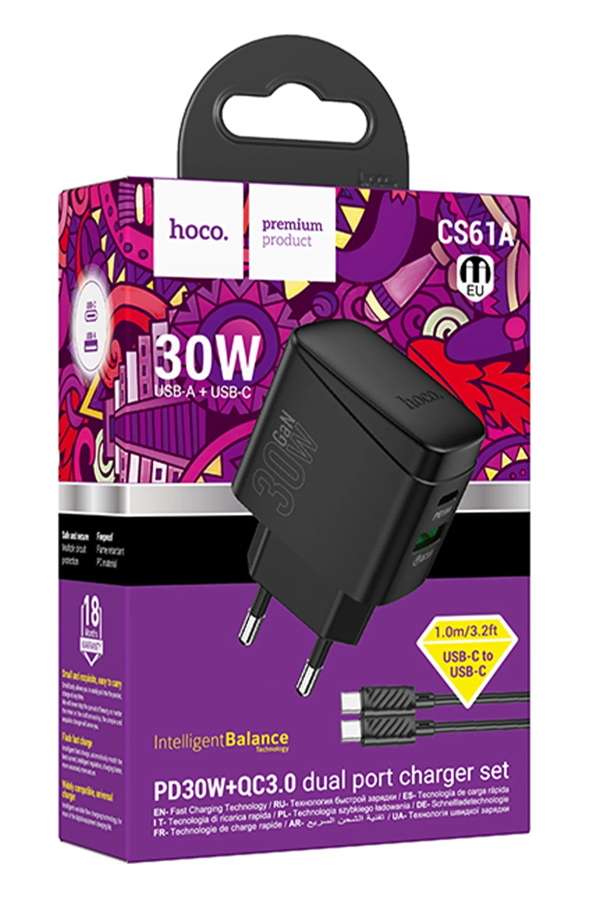 Hoco. CS61A Bright 30W 1 Adet Type-C ve 1 Adet USB 3.0 QC Çıkışlı Ekstra Type-C to Type-C Kablolu PD Hızlı Şarj Aleti
