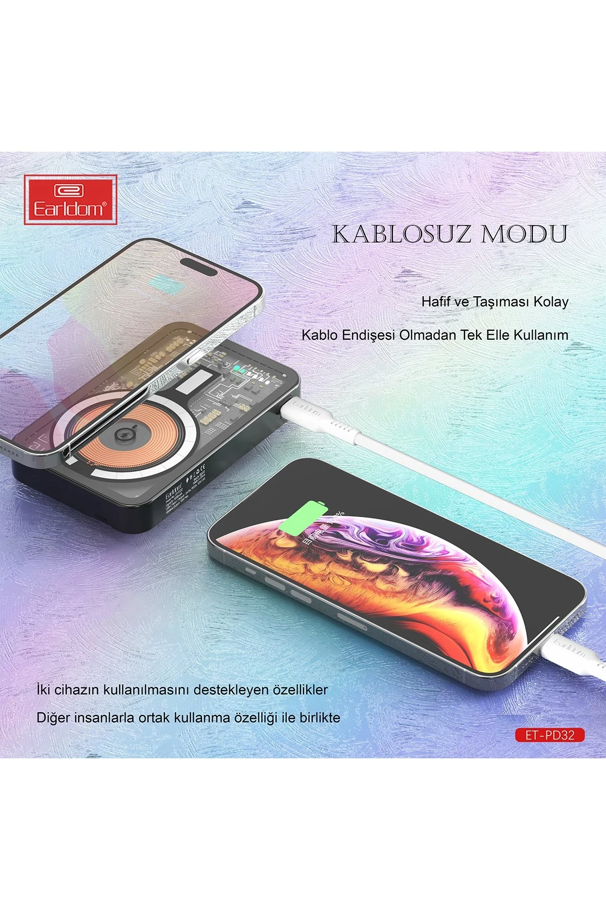 Earldom PD32 5.000 mAh 22.5W Kablosuz Şarjlı Standlı PD Hızlı Şarj Powerbank