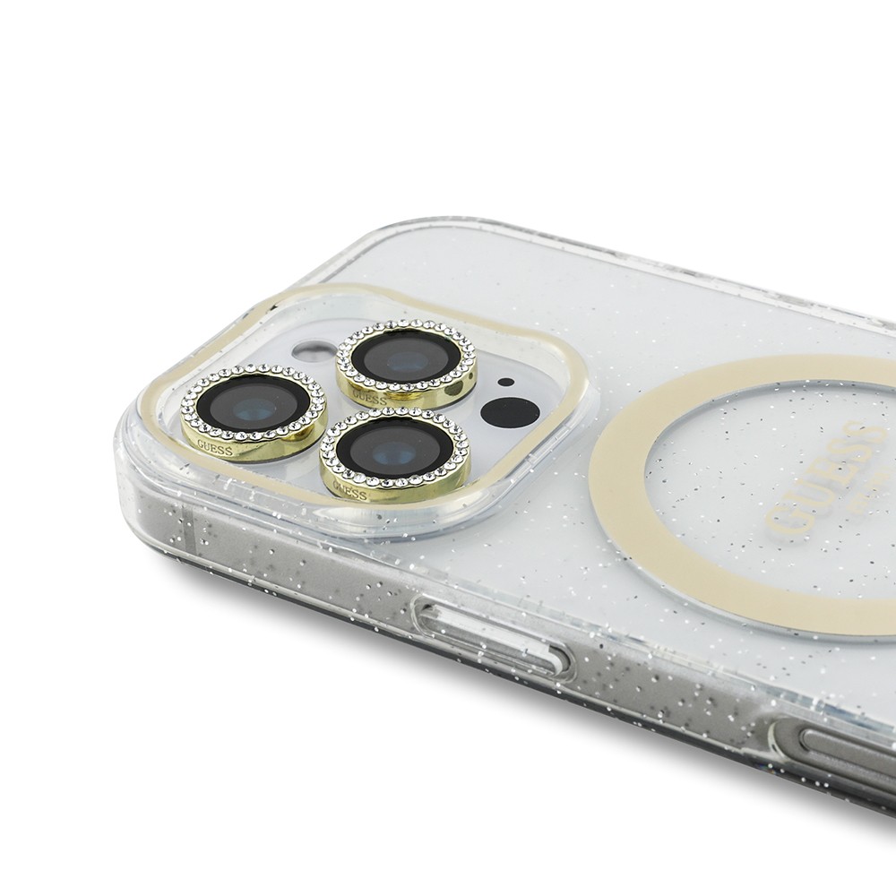Apple iPhone 16 Pro Guess Orjinal Lisanslı 3'lü Aksesuar Seti IML Baskılı Simli Glitter Kılıf + Ekran Koruyucu + Lens Koruyucu