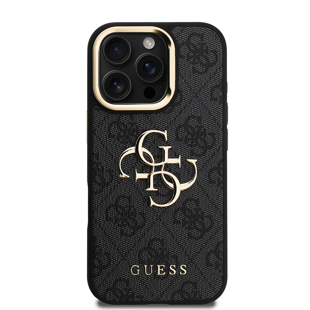 Apple iPhone 16 Pro Max Kılıf Guess Orjinal Lisanslı PU Deri 4G Desenli Metal Büyük 4G ve Yazı Logolu Kamera Standlı Kapak