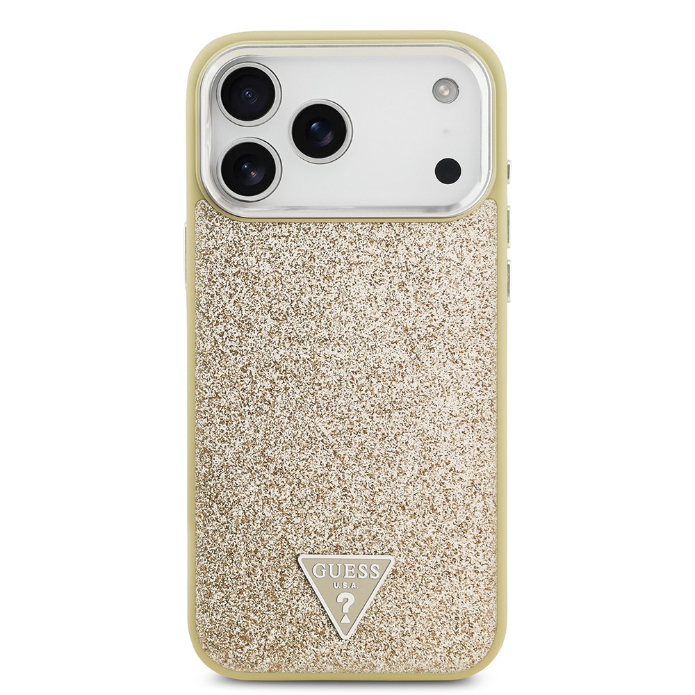 Apple iPhone 17 Pro Max Kılıf Guess Orjinal Lisanslı M-safe Şarj Özellikli Metal Kamera Çerçeveli Üçgen Logolu Glitter Kapak