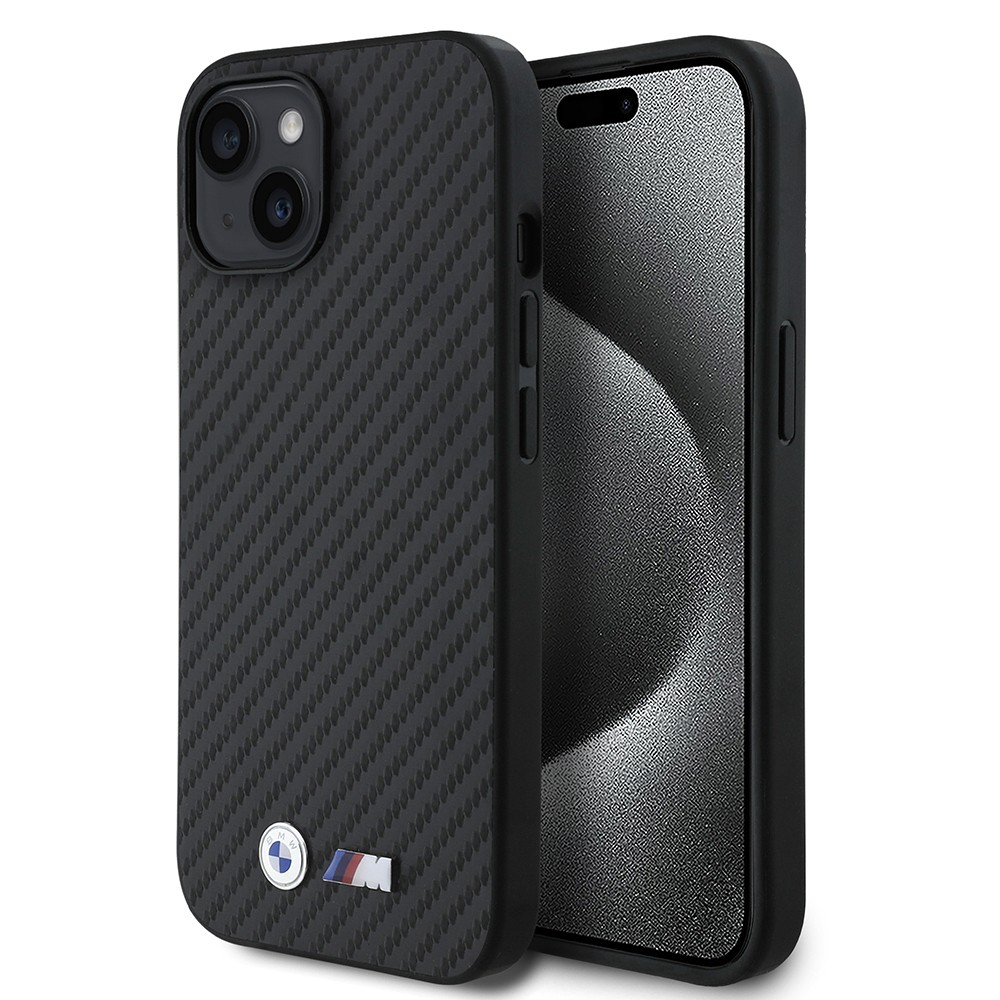 Apple iPhone 15 Kılıf BMW Orjinal Lisanslı Karbon Fiber Tasarımlı ve Metal Logolu PU Deri Kapak