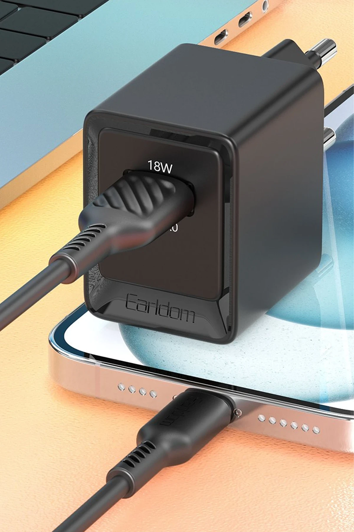 Earldom EU45 18W USB QC 3.0 Çıkışlı ve USB to Type-C Kablolu PD Hızlı Şarj Cihazı